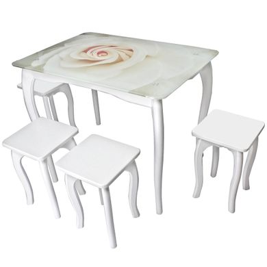 Обеденный столовый комплект (стеклянный стол и 4 табуретки из МДФ) "Белая роза" с ножками кабриоль