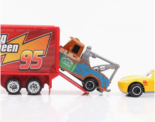Набор игрушечных металлических машинок Тачки (Cars) с большим трейлером 7 шт. Молния Маквин (McQueen ) Пиксар Дисней Cars Disney Pixar