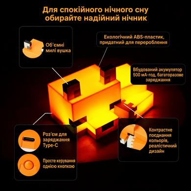 Нічник світильник &laquo;Піксельна Лисиця&raquo; &mdash; дитяча LED 3D лампа, USB Type-C, у стилі Minecraft