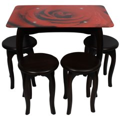Обеденный столовый комплект (стеклянный стол и 4 табуретки из дерева) "Красная роза" с ножками кабри