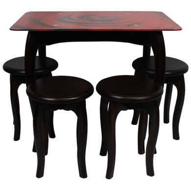 Обеденный столовый комплект (стеклянный стол и 4 табуретки из дерева) "Красная роза" с ножками кабриоль