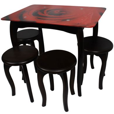 Обеденный столовый комплект (стеклянный стол и 4 табуретки из дерева) "Красная роза" с ножками кабриоль