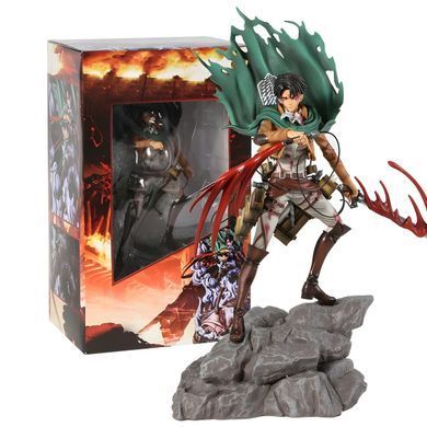 Колекційна аніме фігурка Леві Акерман Атака Титанів (Levi Ackerman Attack on Titan) з ефектом битви та плащем Розвідкорпусу, 35 см